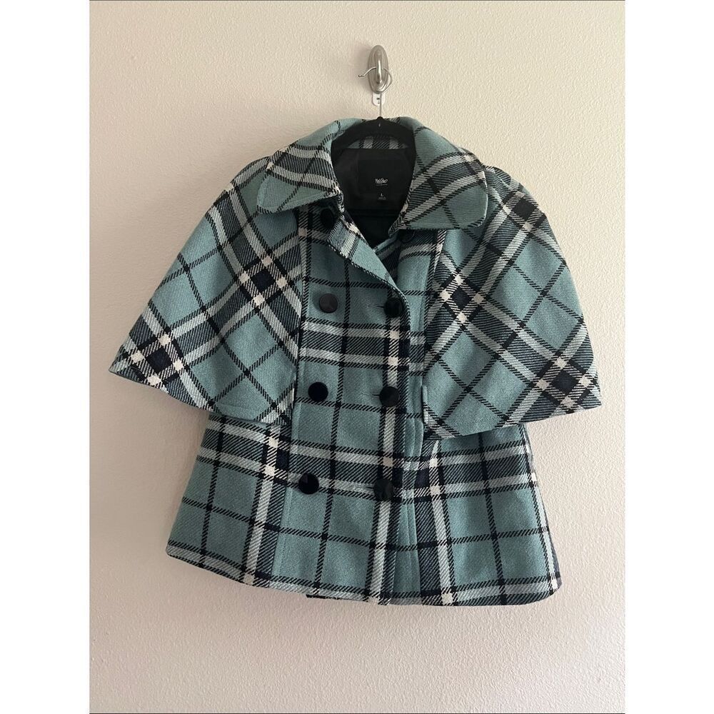 Wool Plaid Cape Coat Womens Large Aqua Blue Double Breasted Peacoat Y2K